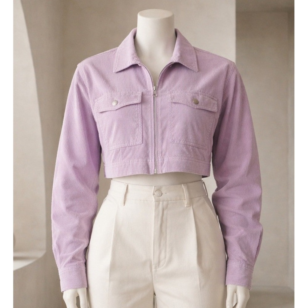 Forever 21 Corduroy Jacket Women Medium Purple Excellent Cropped Zip - Picture 2 of 10